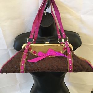 JAZZED FUCHSIA AND BROWN BAGUETTE SHOULDER PURSE